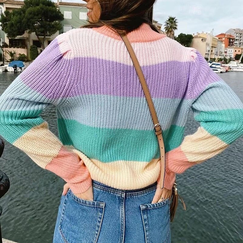 Women's Sweater Pullover Streetwear Casual Color Block Striped Turtleneck Stripe Knitted Long Sleeve Regular Tops Knit Daily Holiday Going out Yellow Pink Fall Winter3