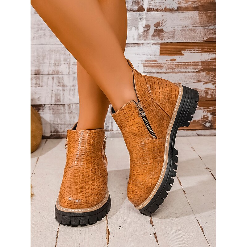 Women's Boots Chelsea Boots Daily Zipper Flat Heel Round Toe Casual Faux Leather Zipper Light Brown Black Beige4