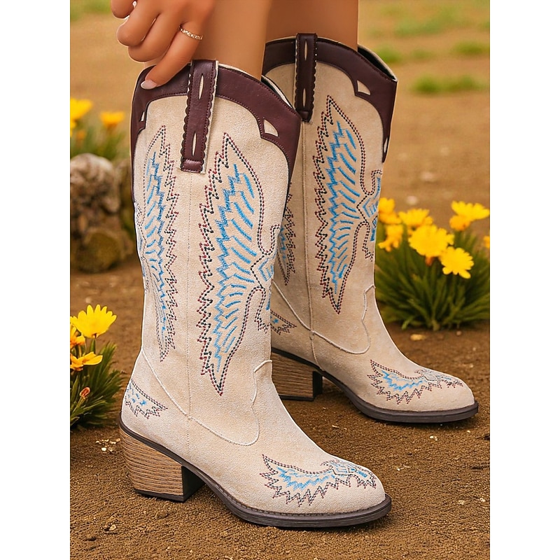 Women's Purple Western Cowboy Boots with Embroidered, Farm Style Mid-Calf Boots with Block Heel for Country, Rodeo and Casual Wear - Main Image
