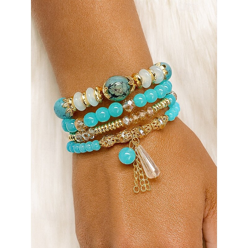 Women's Faux Crystal Beaded Bracelet Set with Gold Accents, Boho Layered Stretch Bangles Jewelry for Parties, Weddings and Everyday Wear4