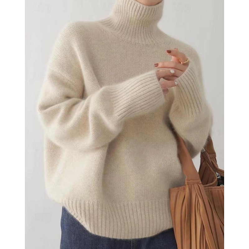 Women's Sweater Pullover Streetwear Casual Solid Color Turtleneck Knitted Long Sleeve Regular Tops Knit Daily Holiday Weekend Navy Blue Camel Fall Winter