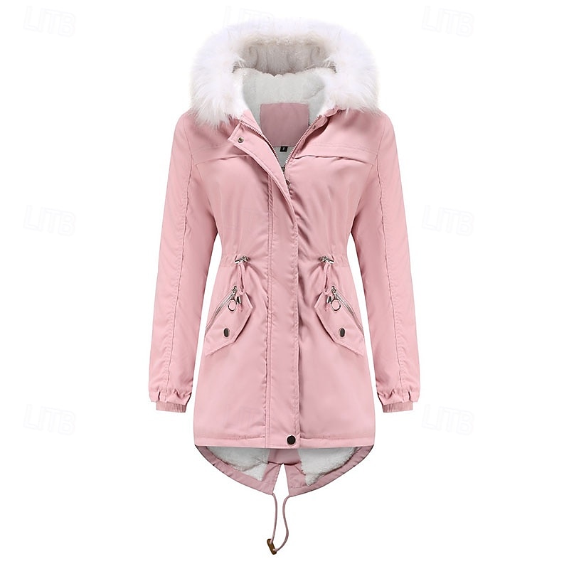 Women's Winter Coat Parka Warm Comfortable Zipper Pocket With Belt Casual Plain Vacation Street Casual Daily Wear Long Hooded Regular Fit Long Sleeve Outerwear Navy Black Pink Fall Winter2