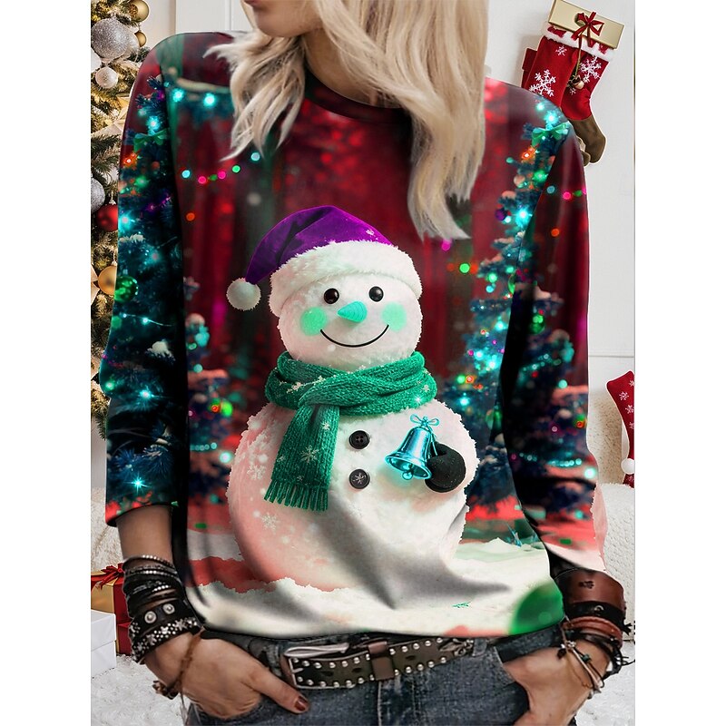 Christmas Women's T Shirt Graphic Snowman Vintage Fashion Stylish Long Sleeve Round Neck Regular Tops Daily Weekend Print Blue Purple Green Fall Winter2