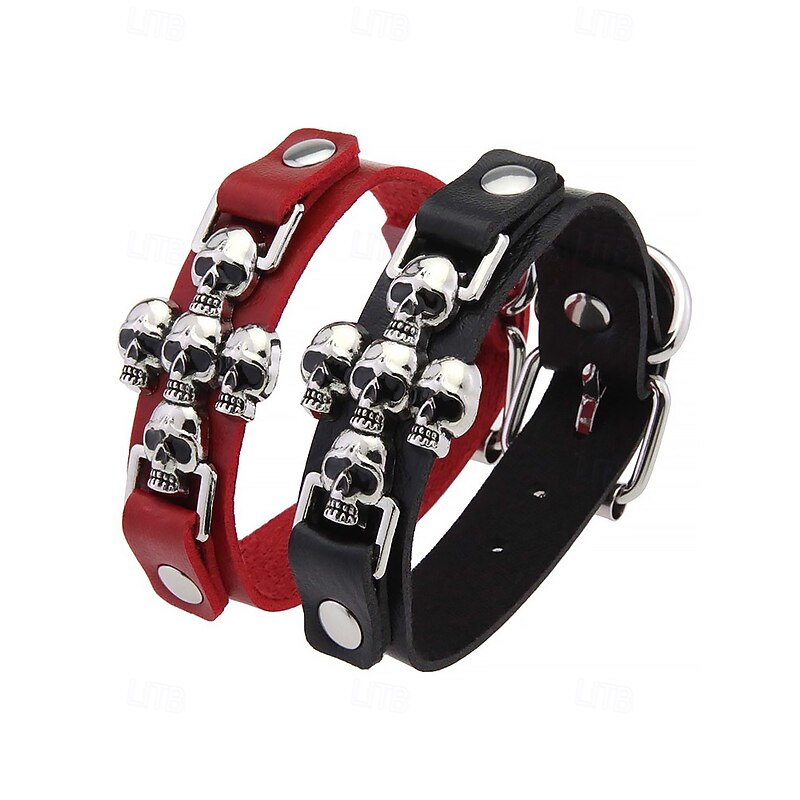 Men's Halloween Skull Bracelet – Gothic Punk Leather Cuff Wristband with Metal Skull Charms for Party, Cosplay and Nightlife4