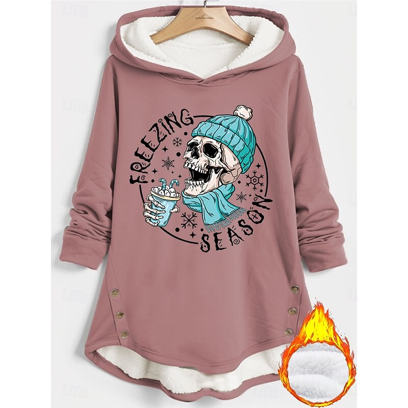 Women's Pullover Hoodie Sweatshirt Graphic Skull Letter Warm Casual Long Sleeve Hooded Long Tops Street Dailywear Casual Buttons Print Black Pink Blue Gray Fall Winter3