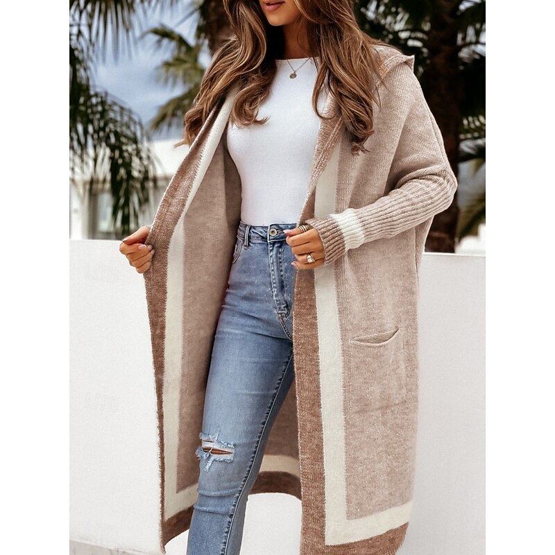 Women's Sweater Cardigan Elegant Fashion Streetwear Pure Color Hooded Pocket Knitted Long Sleeve Long Tops Knit Outdoor Daily Weekend Black Pink Fall Winter4