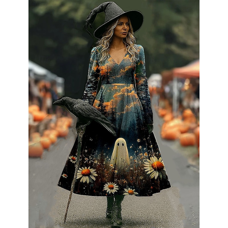 Halloween Women's Witch Print Midi Dress A Line Dress Vacation Casual Wedding Party Birthday Regular Fit Floral Graphic Rose 3/4 Length Sleeve V Neck Yellow Pink Blue Orange Spring Fall3