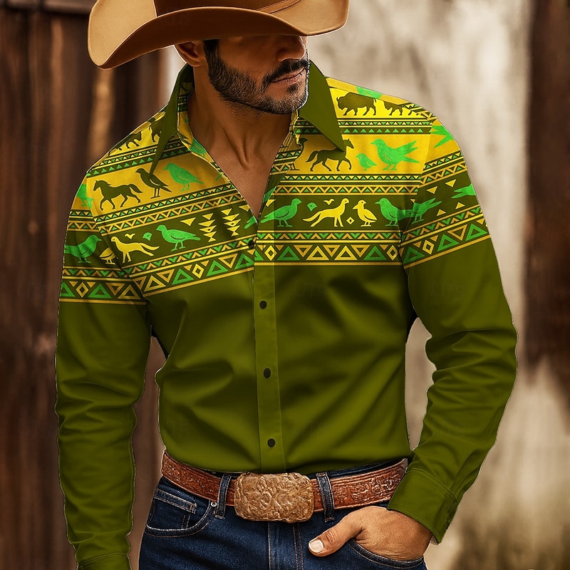 Men's Geometric Indian Culture Navajo Pattern Shirt Western Shirt Button Up Shirt Long Sleeve Vintage Retro Outdoor Casual WorkWear Spring Fall Turndown 3D Print Collared Shirts Dark Red Blue Green2