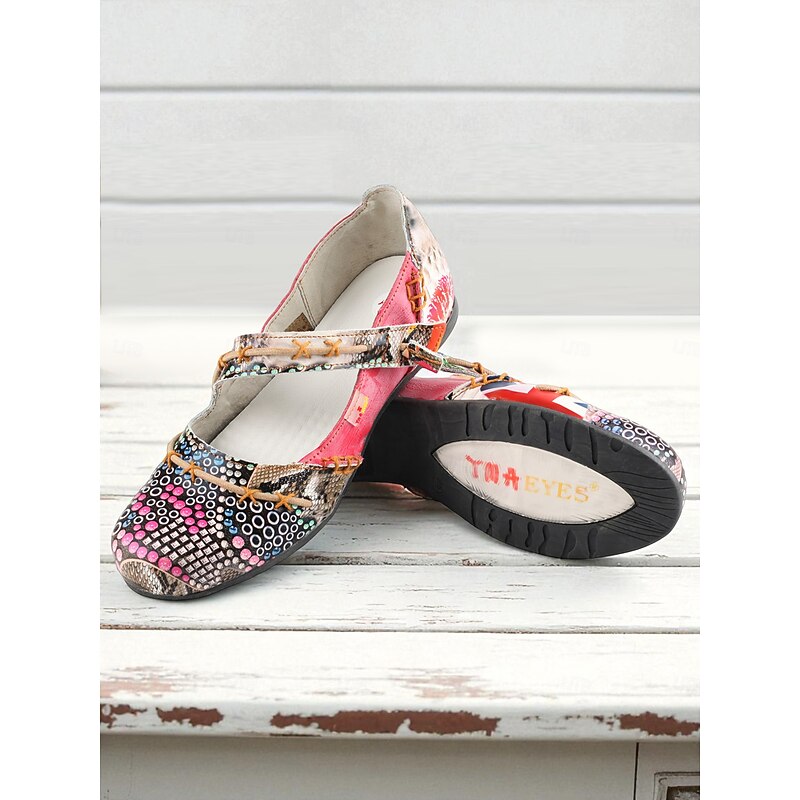 Women's Genuine Leather Mary Jane Flats with Colorful Artistic Print and Double Straps – Comfortable Everyday Shoes for Work, Travel and Casual Wear3