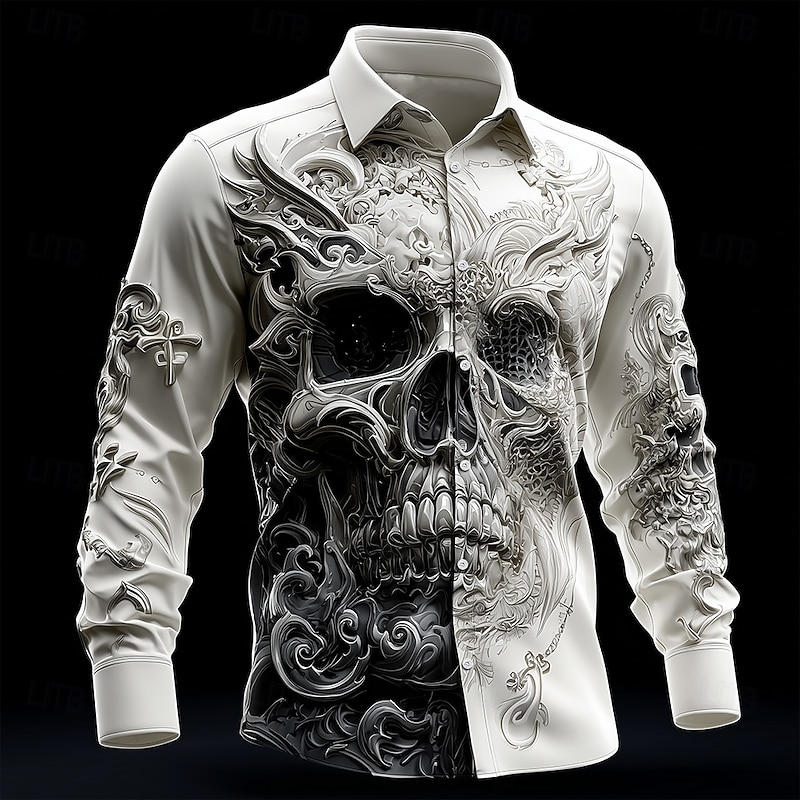 Halloween Men's Skull Intricate Floral Shirt Button Up Shirt Long Sleeve Dark Gothic Style Outdoor Holiday Spring Fall Turndown 3D Print Collared Shirts White 1 White