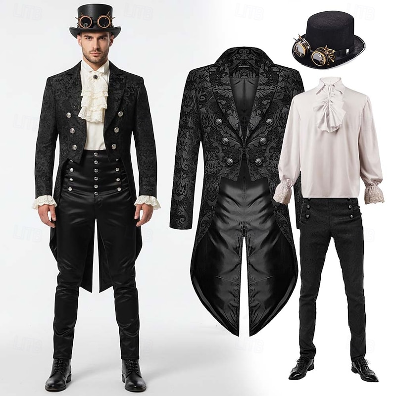 Set with Steampunk Tailcoat High Waisted Pants Top Hat with Goggles Retro Vintage Medieval Coat Jacket Outerwear Straight Leg Trousers Vampire Outfits Men's Cosplay Costume Masquerade Party Evening
