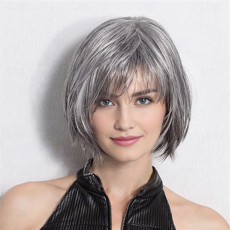 Women’s Silver Grey Short Layered Bob Wig with Bangs Natural Looking Realistic Synthetic Hair Heat Resistant Elegant Daily Wear Fashion Style