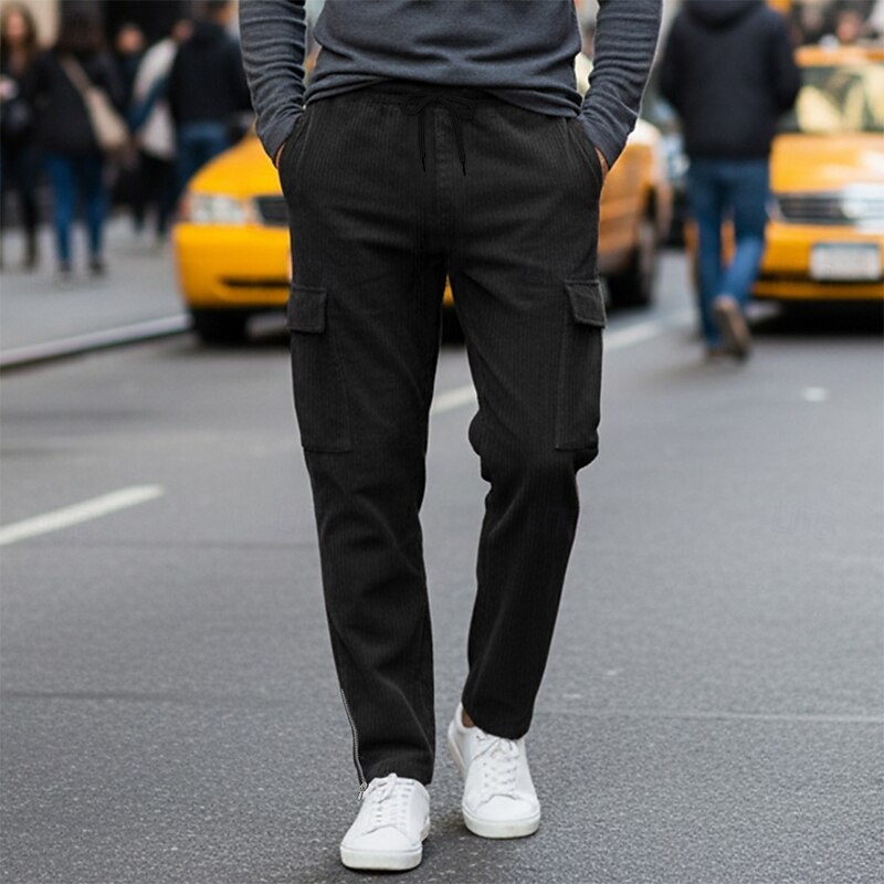 Men's Cargo Pants Trousers Corduroy Pants Winter Pants Drawstring Pocket Zip Leg Plain Comfort Soft Full Length Outdoor Party Business Fashion Streetwear Denim Blue Black Inelastic3