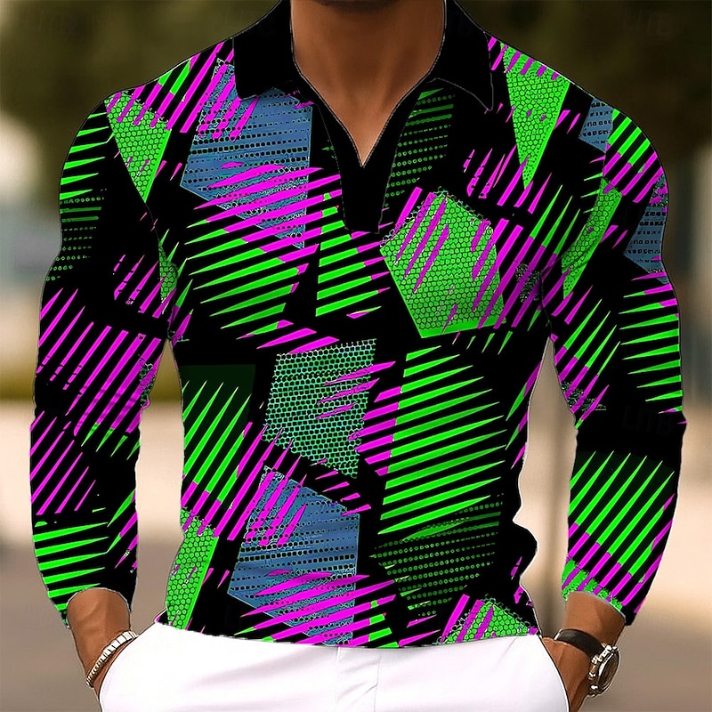 Men's Geometic Polo Long Sleeve Polo Shirts Lapel Casual Outdoor Athleisure Daily Wear 3D Print Buttons Spring Fall Winter Yellow Blue Green