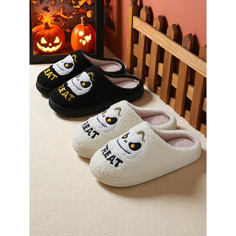 Women's Halloween Fuzzy Indoor Slippers with Pumpkin Face Embroidery – Cozy Non-Slip House Shoes for Fall and Holiday Lounging2