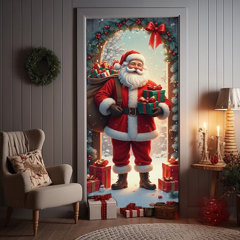 Christmas Door Cover Winter Holiday Decoration Drapes with Santa Claus Holding Gifts Christmas Wreath and Open Door Print for Home Entryway Living Room Bedroom Indoor Outdoor Festive Seasonal Decor2
