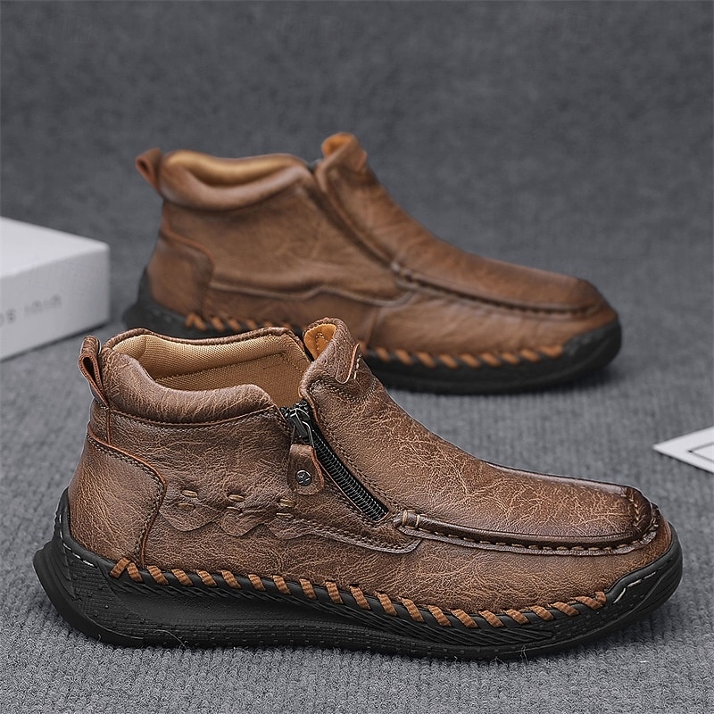 Men's Brown Casual Moccasin Shoes with Side Zipper, Hand-Stitched Non-Slip Sole, Comfortable Everyday Footwear for Work, Driving and Weekend Outings4