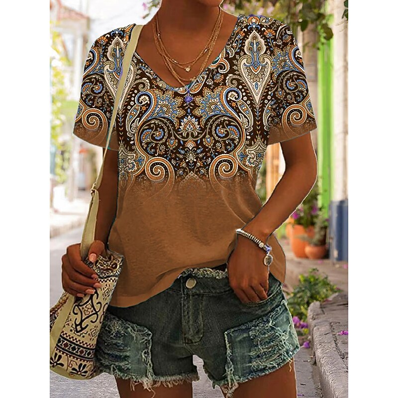 Women's T Shirt Graphic Geometric Tribal Bohemia Vintage Stylish Short Sleeve V Neck Regular Tops Daily Going out Weekend Print Blue Purple Green Khaki Summer Spring Fall4