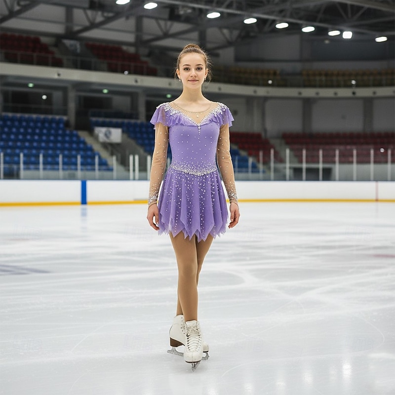Figure Skating Dress Women's Girls' Ice Skating Dress Violet Patchwork Thumbhole Mesh Spandex Stretchy Training Practice Professional Skating Wear Thermal Warm Crystal / Rhinestone Long Sleeve Ice