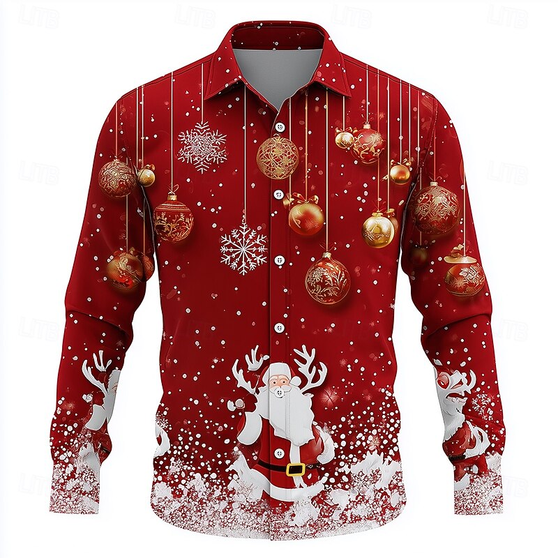 Christmas Men's Santa Claus Reindeer Christmas Baubles Shirt Button Up Shirt Long Sleeve Funny Outdoor Holiday Spring Fall Turndown 3D Print Collared Shirts Red 1 Red 4 Red 3 Red Red 22