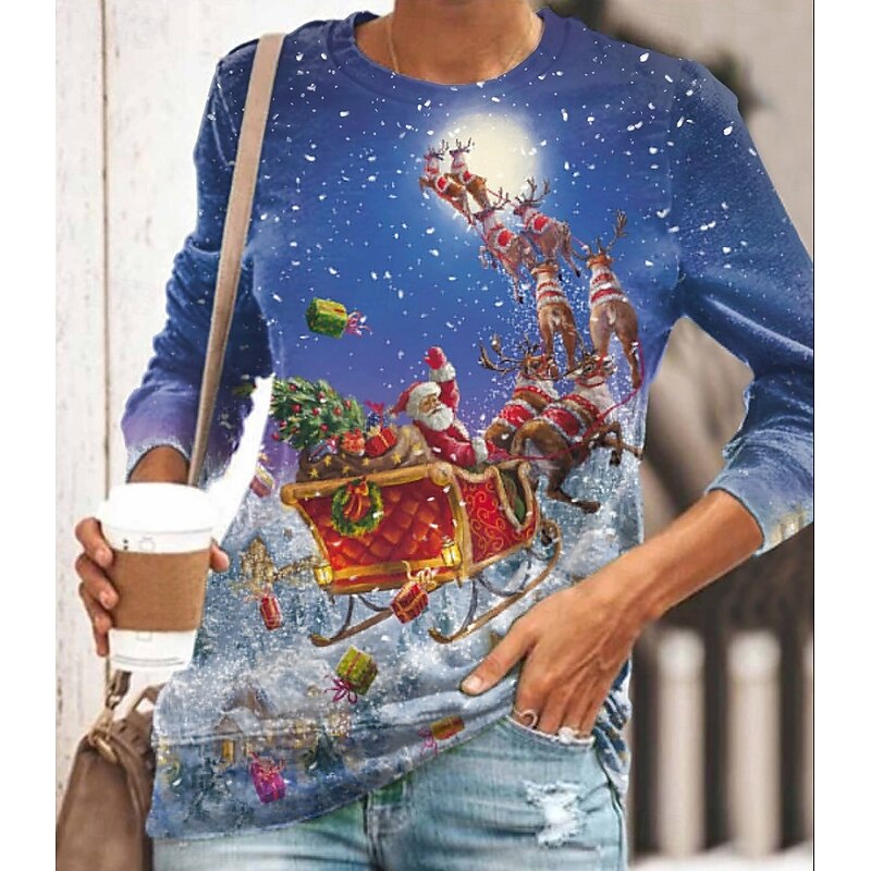 Women's Pullover Sweatshirt Hoodies Graphic Santa Claus Snowman Fashion Casual Long Sleeve Crew Neck Regular Tops Street Dailywear Casual Print Blue Fall Winter
