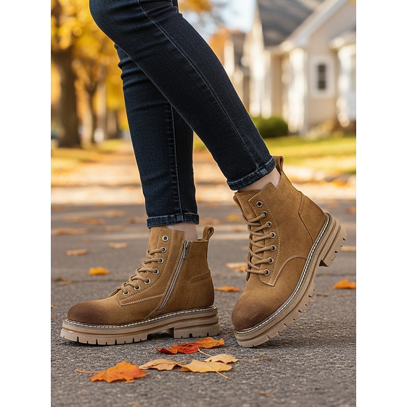 Women's Brown Suede Lace Up Ankle Boots with Chunky Non Slip Sole -Casual Outdoor Workwear Hiking Boots for Fall and Winter