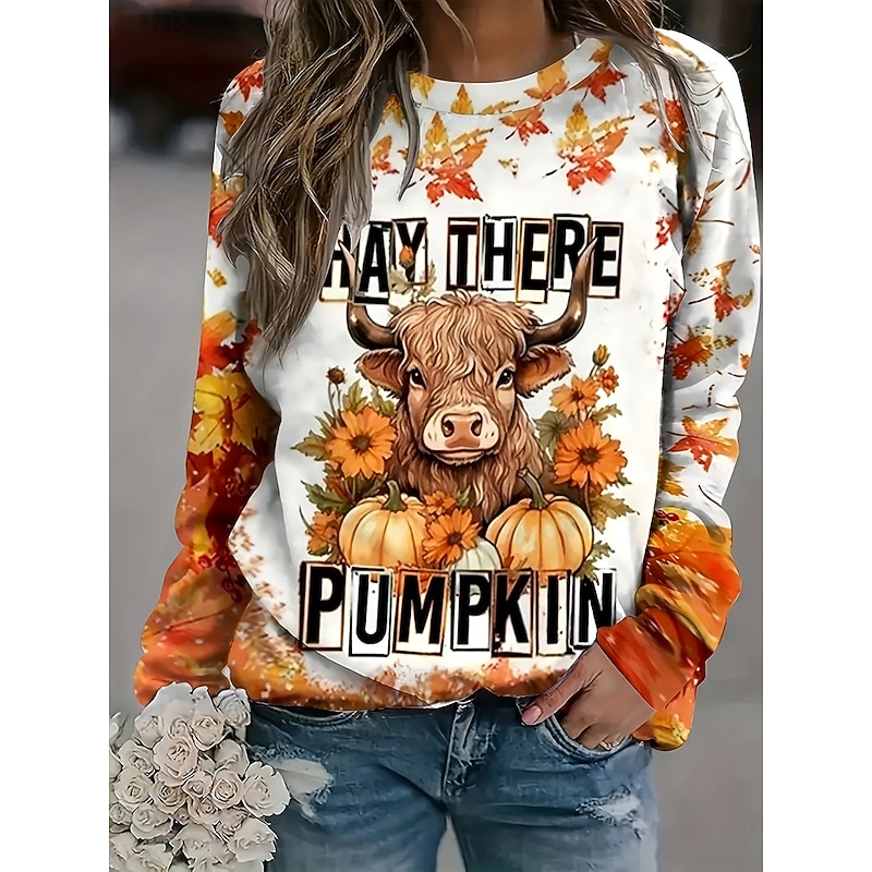 Women's Sweatshirts Graphic Animal Cow Vintage Casual Long Sleeve Crew Neck Regular Tops Street Dailywear Casual Print Orange Spring Fall Winter