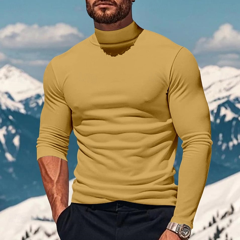 Men's Tee Top Long Sleeve Shirt Mock Turtleneck Long Sleeve Turtleneck Pile Neck Winter Spring &  Fall Solid Color Daily Casual Street Style High Neck Plain Formal Outdoor Street Black White Yellow4