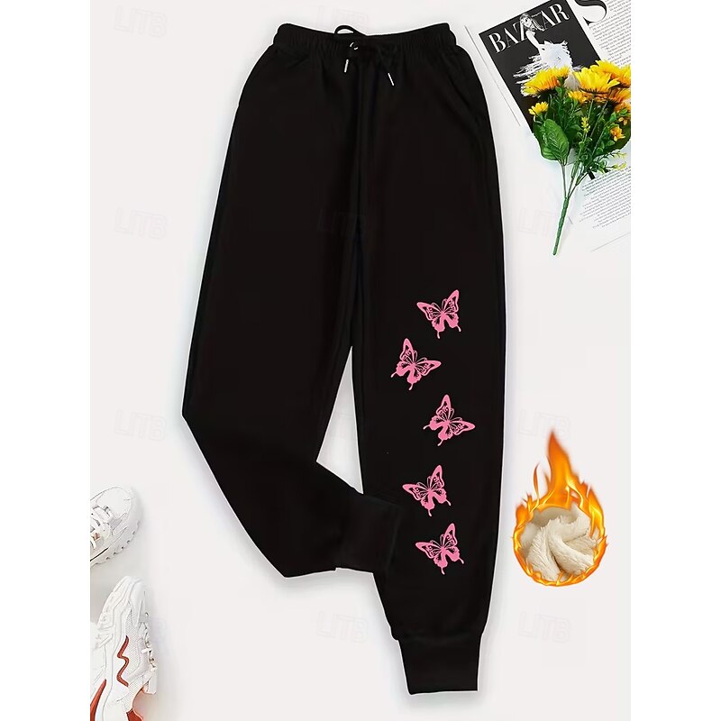 Women's Sweatpants Joggers Vacation Vintage Ethnic Style Full Length High Waist Butterfly Drawstring Pocket Fleece Thermal Warm Windproof Comfy Stretchy Formal Vacation Street Dark-Gray Black Winter