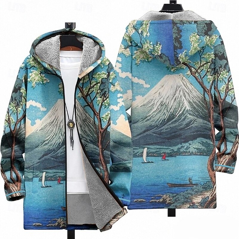 Men's Scenery Winter Coat Fleece Jacket Coat Thermal Warm Comfortable Casual Daily Wear Zipper Pocket 3D Print Fall Winter Hooded Long Sleeve Red Green