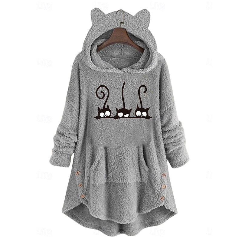Women's Pullover Hoodie Sweatshirt Cat Letter Casual Long Sleeve Hooded Long Tops Street Dailywear Casual Pink Wine Gray Fall Winter2