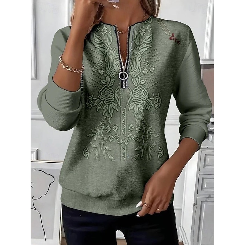 Women's Pullover Sweatshirt Zip Up Sweatshirts Floral Graphic Paisley Fashion Casual Long Sleeve Crew Neck Regular Tops Street Dailywear Casual Zipper Print Brown Green Fall Winter2