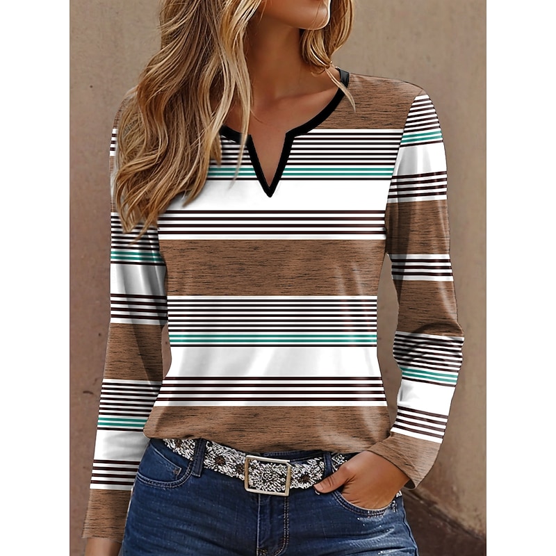 Women's T Shirt Graphic Striped Vintage Stylish Classic Long Sleeve Notched Neck Regular Tops Daily Weekend Print Blue Purple Brown Green Spring Fall Winter2