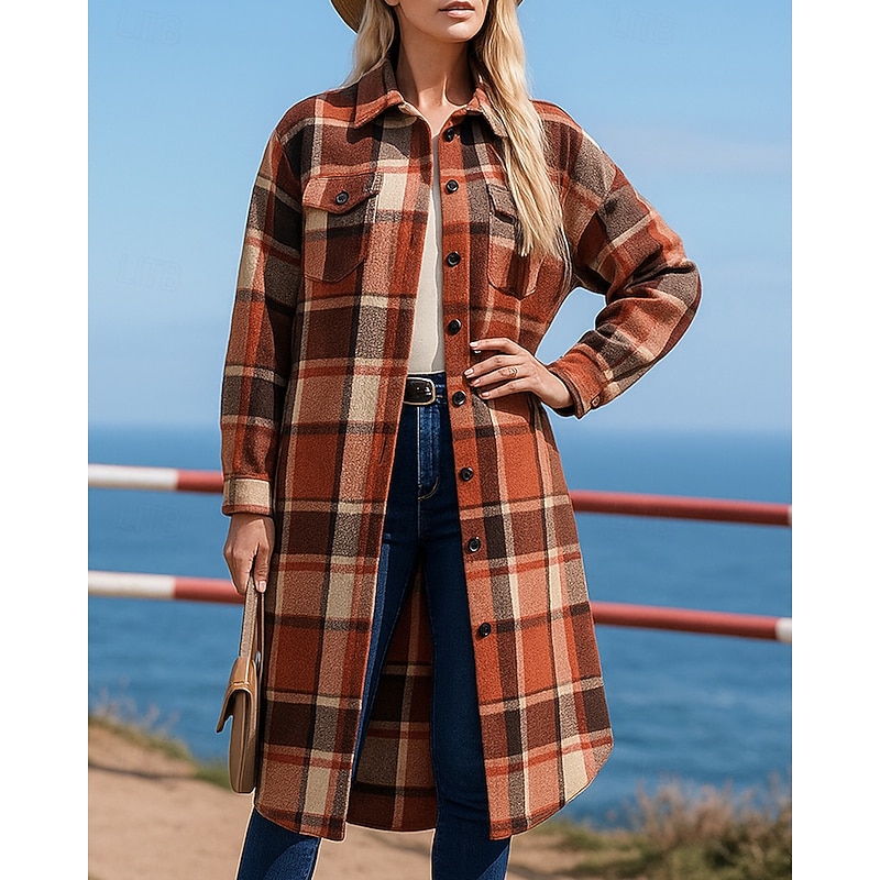 Women's Single-breasted Trench Coat with Pockets Long Sleeve Top Athleisure Plaid Checkered Windproof Warm Hiking Travel Vacation Sportswear Activewear Black Red Green4