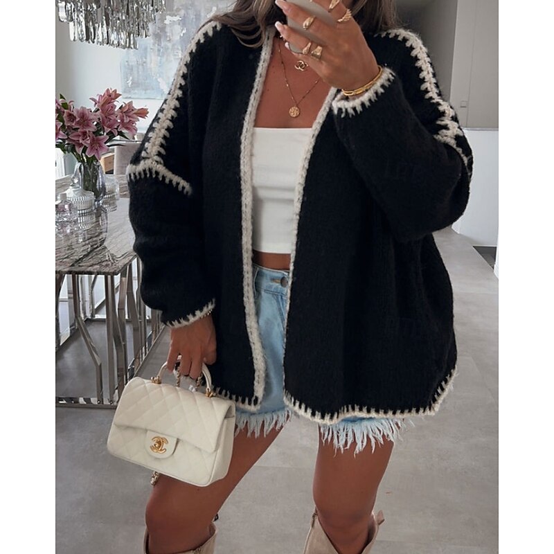 Women's Sweater Cardigan Streetwear Casual Color Block Crew Neck Patchwork Knitted Long Sleeve Regular Tops Knit Holiday Going out Weekend Black Pink Fall Winter2