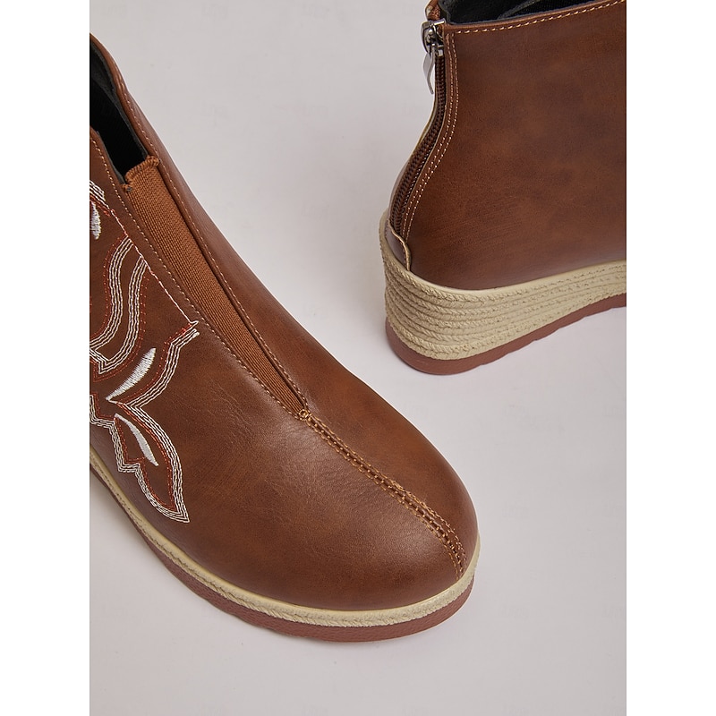 Women's Brown Wedge Ankle Boots – Faux Leather Embroidered Platform Booties for Casual Wear and Boho Outfits4