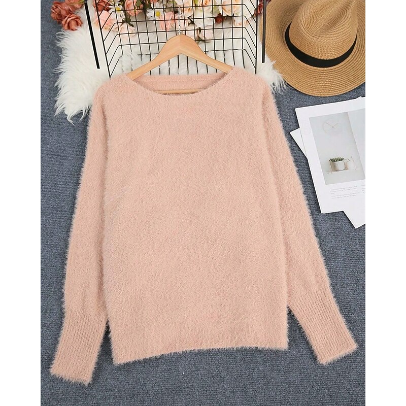 Women's Sweater Pullover Streetwear Casual Pure Color Ribbed Crew Neck Knitted Long Sleeve Regular Tops Knit Outdoor Daily Weekend Pink Fall Winter3