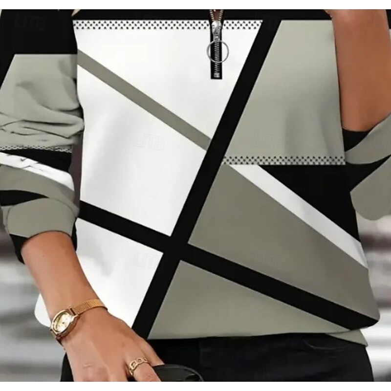Women's Pullover Sweatshirt Zip Up Sweatshirts Graphic Geometric Color Block Fashion Casual Long Sleeve Crew Neck Regular Tops Street Dailywear Zipper Print Black Fall Winter2