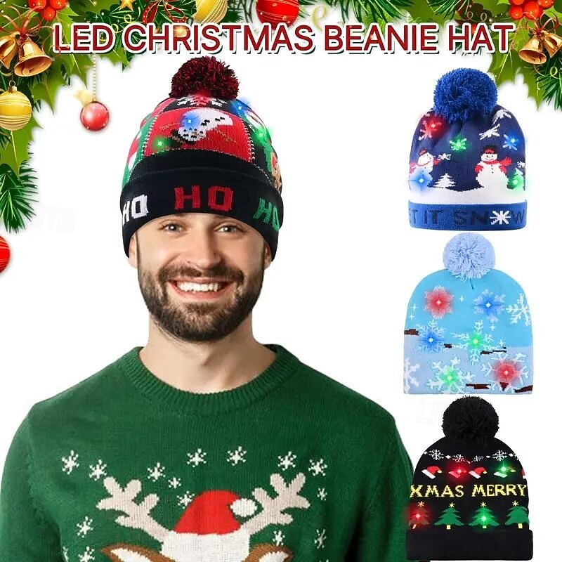 Luminous Christmas Hat Christmas Knitted Hat Unisex Winter Hat Flashing Hat Suitable for Adults Children Christmas New Year Gift2