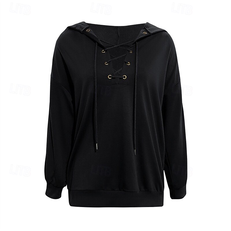 Women's Pullover Hoodie Sweatshirt Plain Sports Fashion Casual Long Sleeve Hooded Regular Tops Street Dailywear Drawstring Black Fall Winter3
