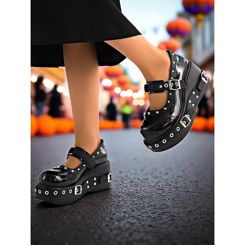 Women's Gothic Platform Mary Jane Shoes – Black Patent Leather with Studded Buckles, Punk Rock Style Chunky Heels for Halloween Party and Night Out4