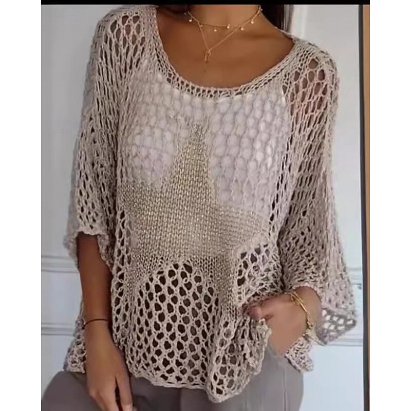 Women's Sweater Pullover Streetwear Casual Geometric Crew Neck Hollow Out Knitted Print 3/4 Length Sleeve Regular Tops Knit Outdoor Daily Holiday White Pink Summer Spring3