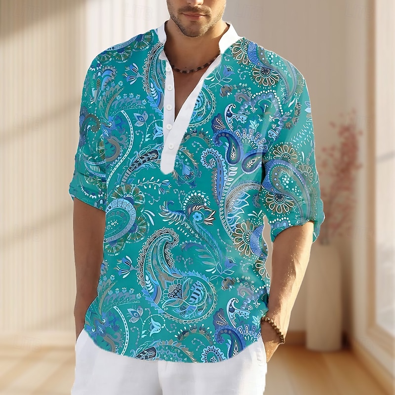 Men's Paisley Print T Shirt Henley Shirt Long Sleeve Designer Retro Vintage Casual Street Casual Daily Summer Spring Fall Red Blue Henley Henley T-Shirt2