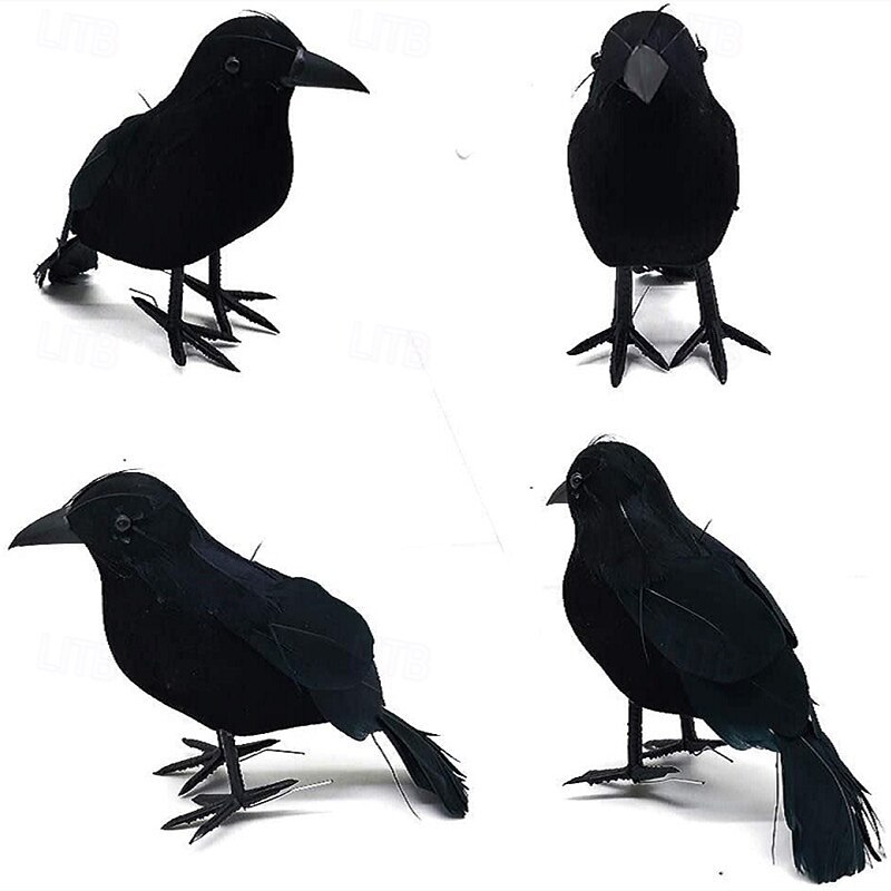 4/8 Pack Halloween Black Feathered Crows, Black Crows with Real Feather Halloween Decoration for Indoor Outdoor
