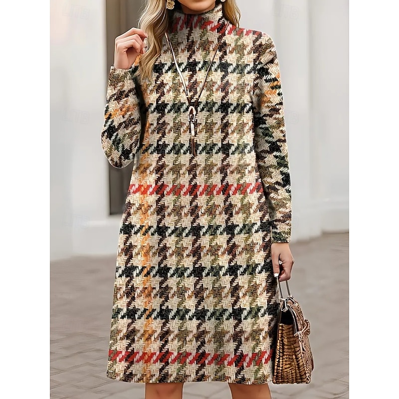 Women's Sweater Dress Mini Dress  Shift Dress A Line Dress Vacation Casual Boho Casual Daily Loose Fit Graphic Houndstooth Tribal Long Sleeve Turtleneck khaki Spring Fall Winter