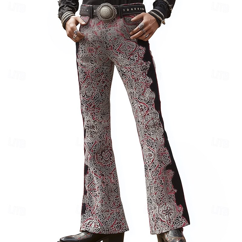 Men's Geometric Pattern Disco Pants 60s 70s Bell Bottoms Mid Waist Western Vintage Retro Outdoor Vacation Casual Side Pockets Flared Leg Pants Trousers Spring Fall 3D Print Black / Red Blue Black2