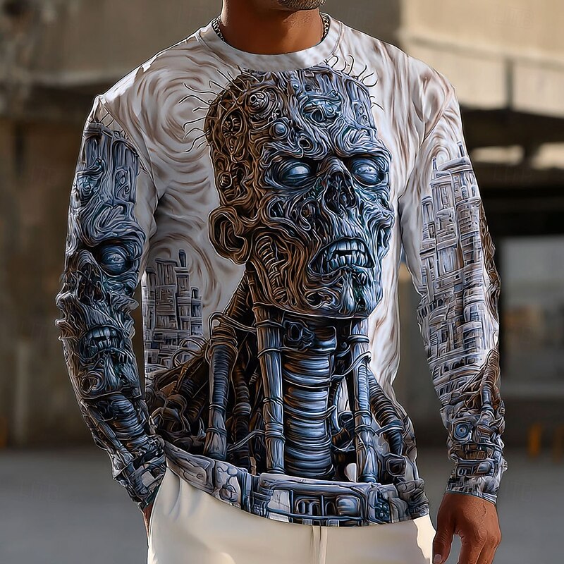 Halloween Men's Optical Illusion Zombies 3D T Shirt Long Sleeve T shirt 3D Print Crew Neck Shirt Fashion Exaggerated Street Casual Daily Blue Green Gray Summer Spring Fall Clothing Apparel S M L XL2