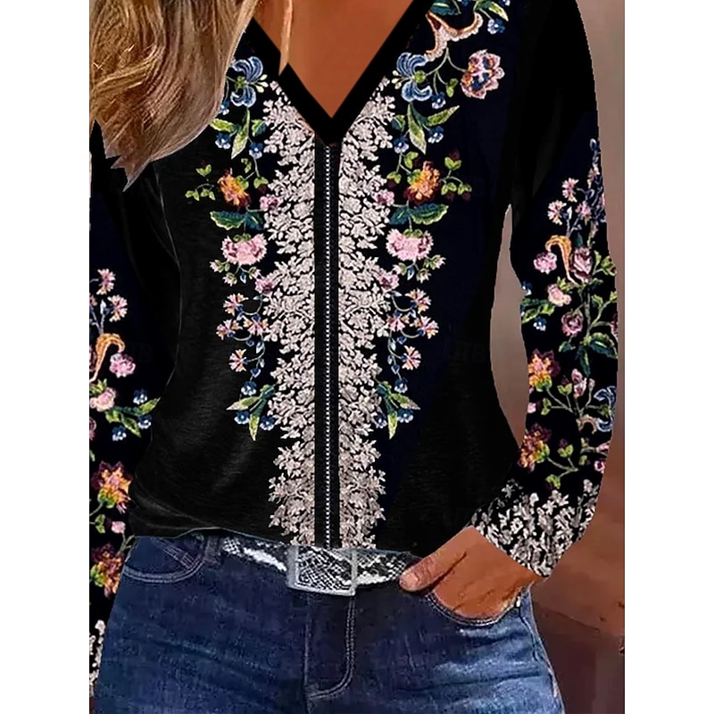 Women's T Shirt Graphic Plants Tribal Vintage Stylish Classic Long Sleeve V Neck Regular Tops Daily Print Black Spring Fall Winter3