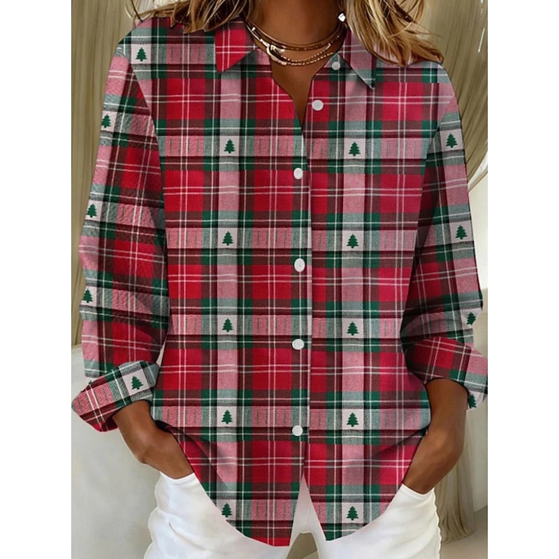 Christmas Women's Shirt Blouse Graphic Geometric Vintage Tropical Stylish Long Sleeve Shirt Collar Regular Tops Daily Patchwork Buttons Print Wine Red Beige Fall Winter3