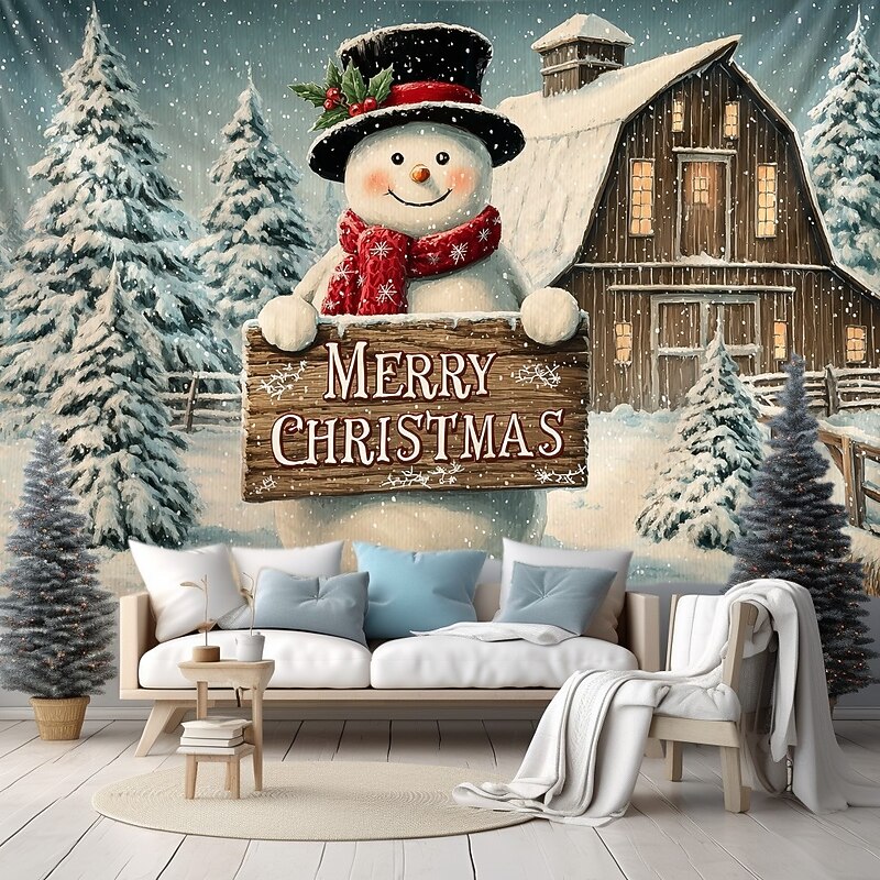 Christmas Wall Tapestry Backdrop, Snowman with Merry Christmas Sign Winter Scene Wall Hanging, 2025 Xmas Holiday Room Decoration for Living Room, Bedroom, Outdoor decoration3